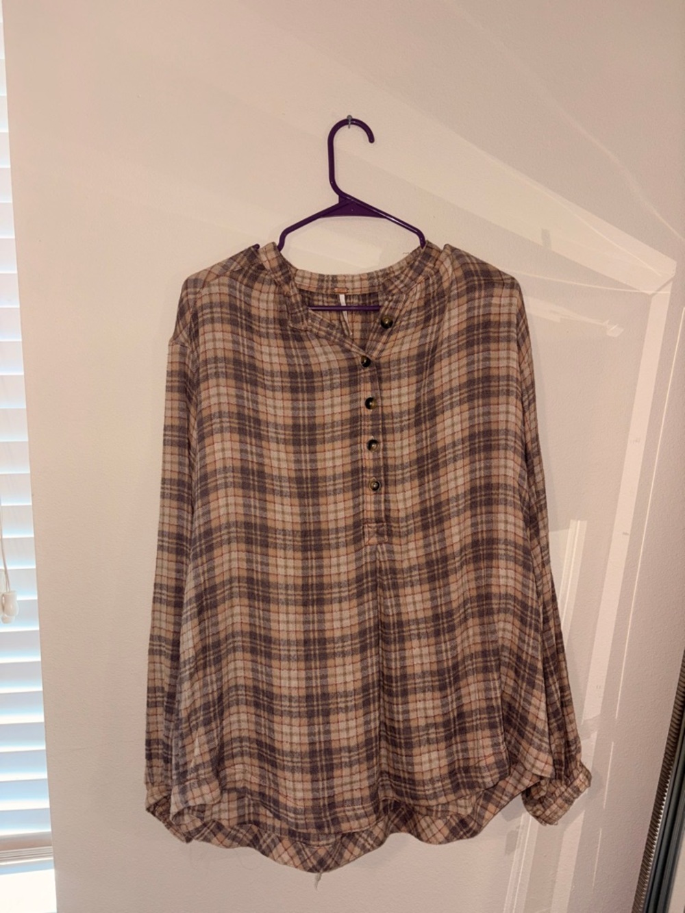 Plaid Button Henley Tunic Top - Neutral Taupe & Cream-Free People